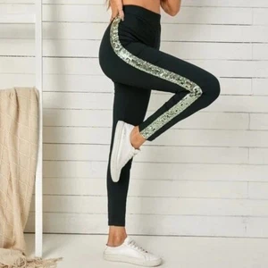 Black Gold Sequin Skinny Ankle Length High Waist Pants Leggings M - Picture 1 of 2