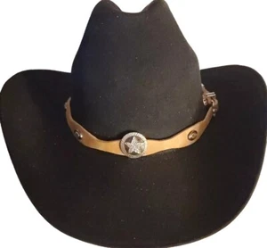 Geralltes MÜTZEBAND hellbraunes LEDER mit braun + silbernen STERN + ovalen CONCHOS und Schnalle Set - Bild 1 von 11