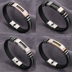 Men's Stainless Steel Silicone WristBand Punk Leather Bracelet Bangle Jewelry