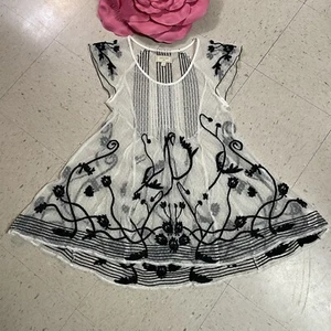 Anthropologie MOULINETTE SOUERS Sz 4 Ivory Black Sheer Mesh Embroidered Dot Top - Picture 1 of 9