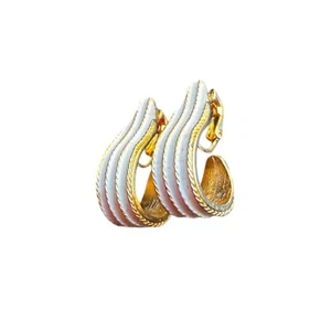VTG 1975 Mimi di N Gold Tone White Enamel J-Loop Huggie Drop Earrings Clip-On - Picture 1 of 4
