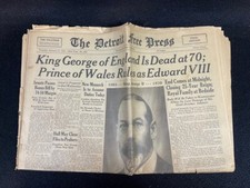 Historical Newspaper Detroit Free Press Jan 21. 1936 King George of England Died