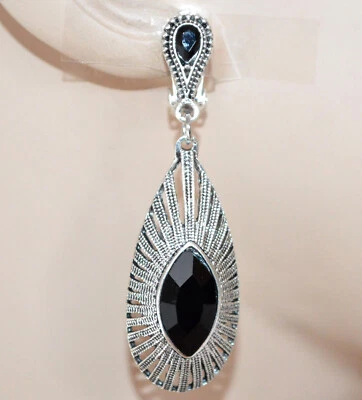 Orecchini donna a clips argento cristallo nero goccia pendenti etnici UX55 - Immagine 1 di 2