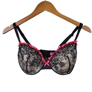 Betsey Johnson Lace Bra Size 32DD Black Pink Lace Padded Push Up Underwire Alt - Picture 1 of 4