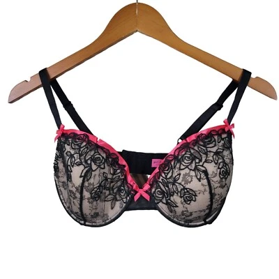 Betsey Johnson Lace Bra Size 32DD Black Pink Lace Padded Push Up Underwire Alt - Image 1 of 4