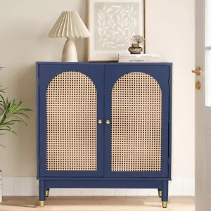 Blue Entryway Accent Storage Cabinet Farmhouse Buffet Sideboard with Rattan Door - Picture 1 of 9