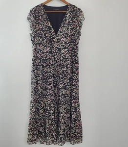 Banana Republic Womens Black Floral Tiered Midi Dress Size 16 Ruffled Smocked - Picture 1 of 10