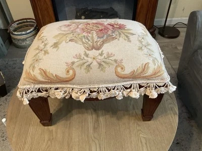 Antique Mahogany Footstool Ottoman W/ Floral Wool Needlepoint - Image 1 of 4