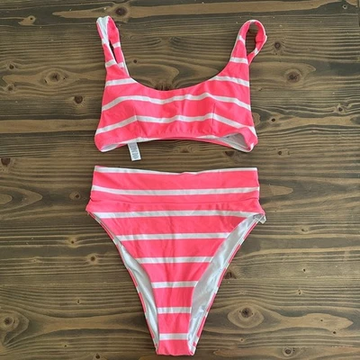 Women’s Aerie Pink & White Striped Bikini Set M High Waisted Scoop Neck Pool - Image 1 of 4