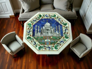 White Marble Inlay Table Taj Mahal Floral Art | Handmade Semi Precious Stone Art - Picture 1 of 7
