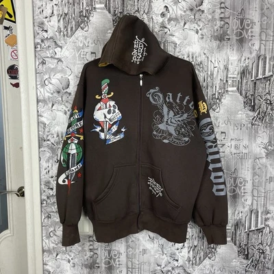 Vintage Ed Hardy Tattoo Zip Hoodie Skull Eagle Graphic Brown Size XL - Image 1 of 4