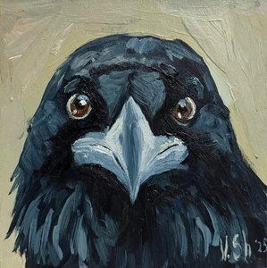 Original Ölgemälde Krähe Rabe Kunst Schwarzer Vogel Impressionismus Kunstwerk Signiert - Bild 1 von 8