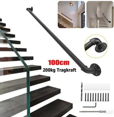 100CM Handlauf Treppengeländer Geländer Handlaufträger Rohrstütze Treppe Schwarz - Bild 1 von 4