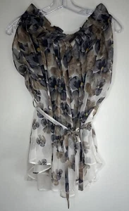 Max Mara Blouse Top Size 40 Cream Grey Beige Floral 100% Silk Sleeveless Belt - Picture 1 of 11