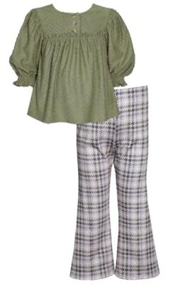 NUEVO Conjunto de Pantalón Acampanado Top Bonnie Jean Niñas Talla 16 "OLIVE CLIP-DOT & HOUNDSTOOTH" Foto 1 de 3