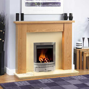GAS SILVER STEEL OAK SURROUND CREAM MARBLE STONE LARGE FIRE FIREPLACE SUITE 54"