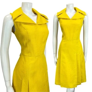 VTG 60S 70S MOD BRIGHT YELLOW WING NOTCH LAPEL PLEATED SHIRT MINI DRESS 12 - Picture 1 of 10