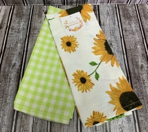 2er Set Küchen Geschirrtücher gelb Sonnenblumen grün kariert Herbst Herbst Ernte - Bild 1 von 5