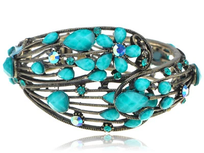 Brazalete Brazalete Turquesa Joyas Metálico Cristal Azul Estrás Flor Foto 1 de 4