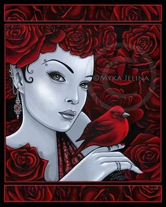 Gothic Red Bird Roses Fairy Scarlet Fantasy Art Ltd Ed Signed CANVAS Embellished - Picture 1 of 3
