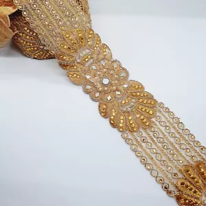 1m Deep gold Crystal Pearl indian Metallic braid beaded lace bridal Mirror Trim - Picture 1 of 1