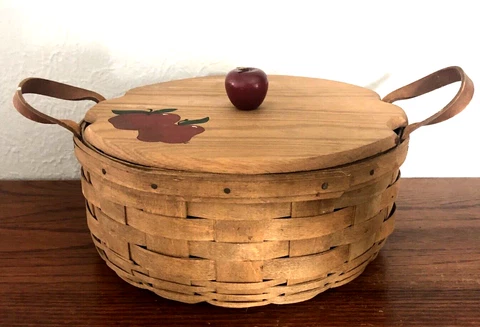 Vintage Longaberger Round Basket Leather Handles & Apple Lid & Liner 1983 Signed Cover