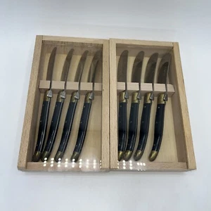 LAGUIOLE French 8 Cheese Knifes Black Handle Wood Box Vintage - Picture 1 of 16