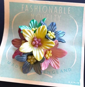 Vintage Brooch - Spring Bouquet of Bright Color Flowers - Made in England - Picture 1 of 7