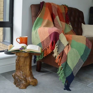 Check Herringbone Multicoloured Cotton Tasselled Throw Blanket for Bed Sofa - Picture 1 of 7