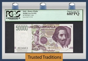 TT PK 116b 1992 ITALY BANCA D'ITALIA 50000 LIRE PCGS 68 PPQ SUPERB GEM NONE FINE - Picture 1 of 2