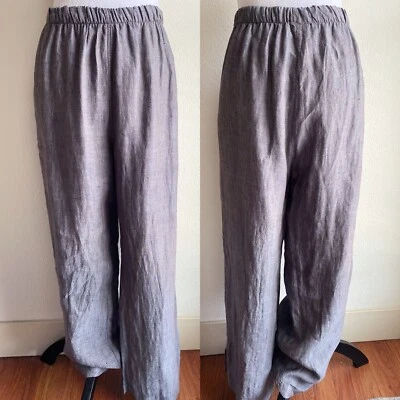 Chalet Et Ceci 宽腿灰色 100% 亚麻弹性腰围周日裤子 Lagenlook L — 第 1/4 张图片