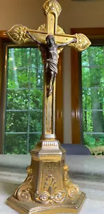 Antique Metal Cast Ornate Gilded Gilt Gold Cross Crucifix Stand Germany German - Picture 1 of 14