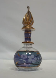 Vintage Ägyptisches mundgeblasenes Glas Gold und Indigoblau Parfüm Flakon mit Tupfer - Bild 1 von 12