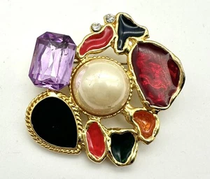 Muli-color Rhinestone, Faux Pearl and Enamel Gold Tone Brooch - Picture 1 of 3