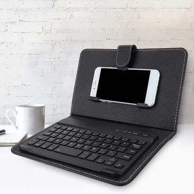 Wireless Bt Spanish Keyboard With Leather Cover For 4.5-6.8In Mobile Phone - Image 1 of 4
