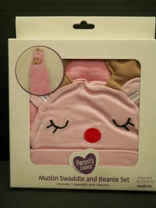 Parents Choice Muslin Swaddle and Beanie Pink Cotton Infant Newborn Reindeer Set - Picture 1 of 3