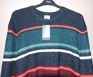 MENS M&S STRIPED CREW NECK JUMPER LONG SLEEVE BURGUNDY MIX SIZE 3XL LONG - NEW - Picture 1 of 3