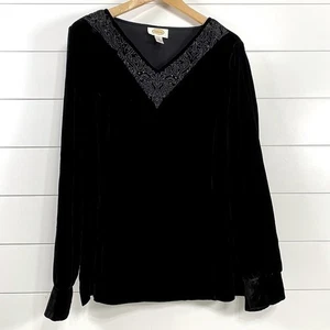 Talbots Womens Velvet Burnout V Neck Long Sleeve Shirt sz 14 Black Boho Rock - Picture 1 of 11