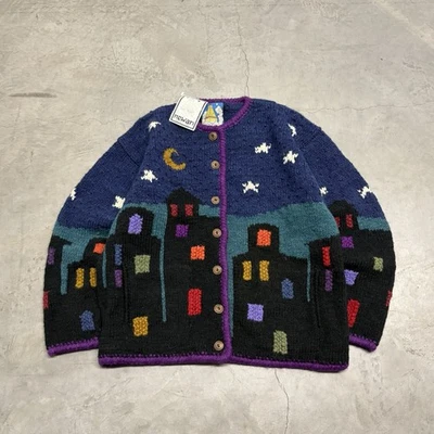 Cárdigan suéter vintage Newari Nepal para mujer L/XL grueso tejido a mano paisajes urbanos Foto 1 de 4