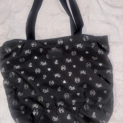 Victoria's Secret PINK - Black W/ Silver Large Poly Shopper Travel Tote Bag  - Image 1 of 4