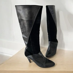 Knee High Boots Leather Suede Sz 39.5 Panelled Heels Black Night Out Y2K - Picture 1 of 12