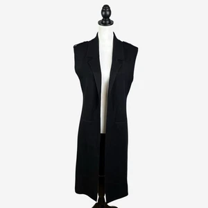 Sioni Long Sleeveless Knit Open Front Cardigan Size S Black Notch Lapel Pockets - Picture 1 of 9