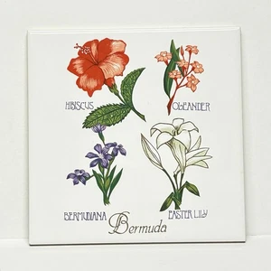 6" Ceramic Tile Trivet BERMUDA Easter Lily Hibiscus Oleander Bermudiana Flowers - Picture 1 of 4