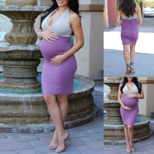 Pregnant Womens Sexy Halter V Neck Bodycon Dress Pregnancy Maternity Midi Dress - Picture 1 of 16