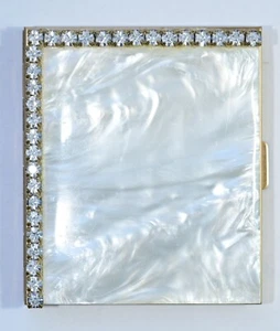 Vintage MCM Mother of Pearl Rhinestone Powder Compact Mirror & Case w/ Box 2.75" - Picture 1 of 6