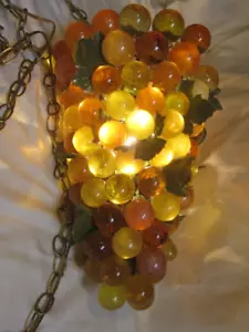 Vtg 1960 Lucite Amber Orange Grape Cluster Hanging Retro Swag Lamp/Light Origina - Picture 1 of 24