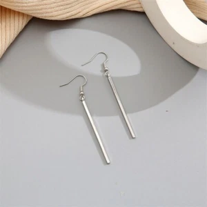 Long Column Geometry Dangle Silver Earrings - Picture 1 of 10