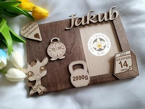 Personalised Engraved Baby Photo Frame Metric Picture Custom New Born Wood - Picture 1 of 11