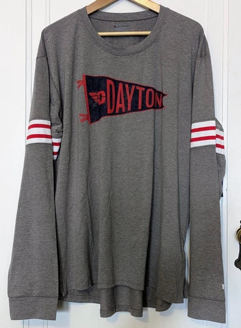 Men's 2XL DAYTON FLYERS LONG SLEEVE T-SHIRT Champion Striped Gray Pennant NEW Cover