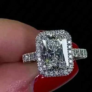 3.0CT Radiant Cut Lab-Created Diamond Halo Engagement Ring 14K White Gold Plated - Picture 1 of 4